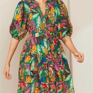 Gibson Latimer Green and Yellow Tie Front Puff Sleeve Midi Dress